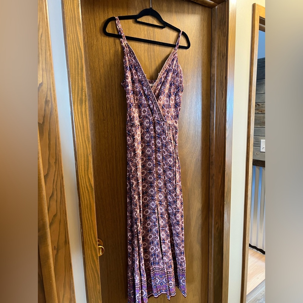 Maurices Purple and Pink Printed Wrap-Style Maxi Dress